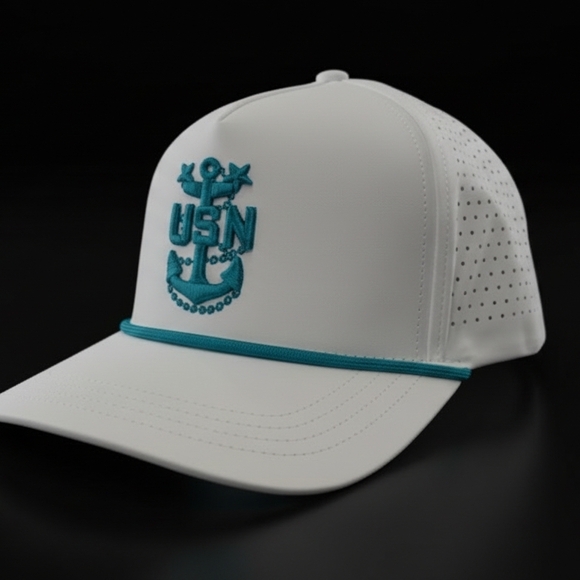 Other - White Cap with Teal USN CPO Anchor Logo Available in CPO, SCPO, MCPO.